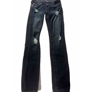 True Religion Jeans Women’s 27 Super Skinny Distressed Neon Purple Stitching